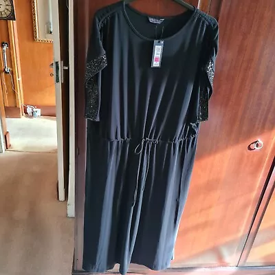 Fab Marks And Spencer Black Sequin Trim Midi Dress Drawstring Waist Size 22 £39 • £6.50