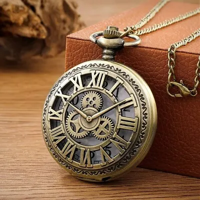 Antique Steampunk Retro Vintage Pocket Watch With Chain Mechanical Gift For Men • £8.95