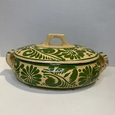 Vintage Mexican Tlaquepaque Pottery 2 Handle Covered Green Casserole Dish 13.5” • $24.49