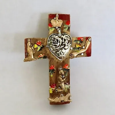 Tin Milagros Wood Cross Sacred Heart Milagro Painted Handmade Mexican Folk Art • $19.95