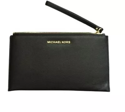 NEW! Michael Kors Large Pebble Leather Zip Wristlet/Clutch-Black/Gold • $75