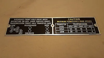 N.O.S. Dodge M37 M43 Shift / Speed Data Plate G741 Operating Instructions • $15