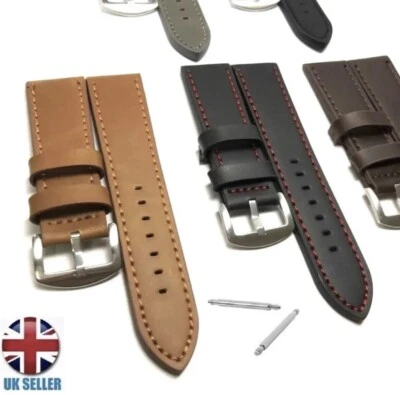 Plain High Quality Leather Watch Strap Band Black Brown Tan Grey 18-24mm • £5.99