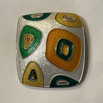 Vintage Silver Tone Modernist Clear Orange Green Yellow Enamel Kramer Brooch Pin • $38