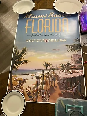 Large Vintage Eastern Airlines Miami Beach Florida Travel Poster • $105