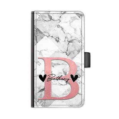 Personalised Initial PU Leather Phone Case Hearts Name Grey Marble Flip Cover • £13.99