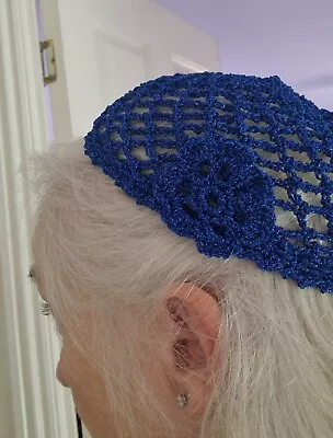 BLUE  SPARKLE CROCHET MESH SKULL CAP HAT 70s Fancy Dress Party ABBA HAT 60s • £0.99