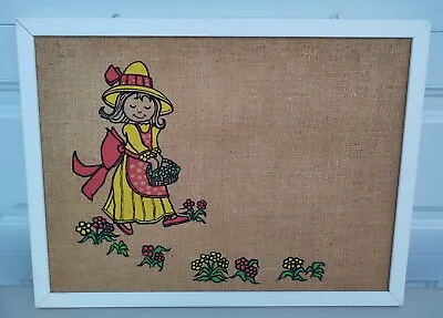 Vintage Retro Girl Burlap Painted Bulletin Memo Board Child Flowers Mid Century • $24.99