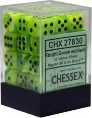 Chessex Dice (36) Block Sets 12mm D6 Vortex Bright Green/ Black 36 Die CHX 27830 • $12.08