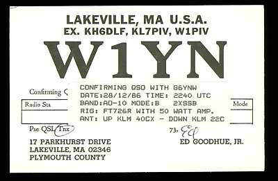QSL Card Radio USA W1YN 1986 Lakeville MA ≠ W1030 • $4.35