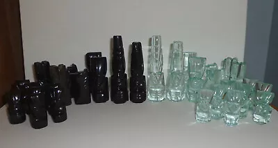 VINTAGE MEXICAN OBSIDIAN AND GLASS AZTEC CHESS SET 32 Pc 20th C HAND CARVED RARE • $685