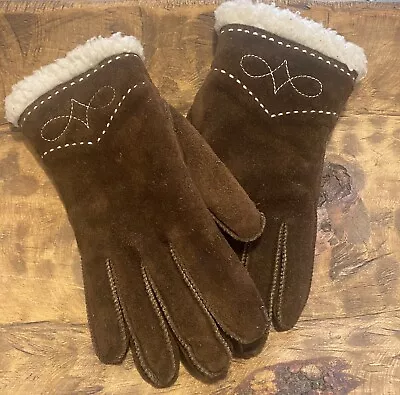 Vtg Leather Suede Gloves Brown Sherpa Western Ranch Lodge Stitching Detail EUC • $18.95