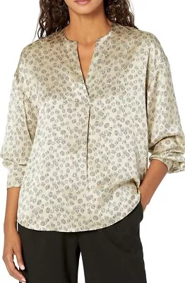 Vince Zinnia Floral Half Placket 100% Silk Champagne Long Sleeve Blouse Size XL • $49