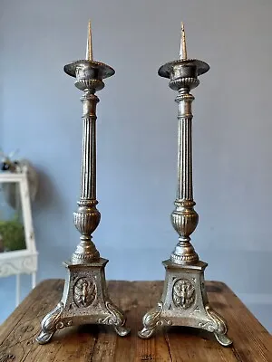 Antique Pair Of Silver Plated French Church Alter Candle Stands Candle Pricket • £295