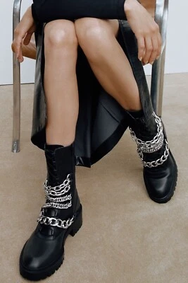 $79.88 • Buy Zara Women Chain Trim Low Heel Leather Ankle Boots Black 3118/610 Size 39 US 8.5
