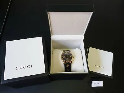 $1295 • Buy Gucci Black Leather Gold Bee Star Ladies Watch With Box & Tags