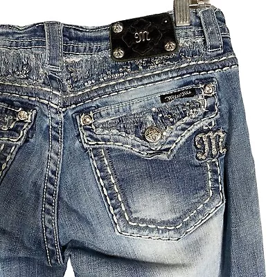 Miss Me Jeans 30x29 Bootcut Distressed Rhinestone Embellished Bling Flap Pockets • $24.99