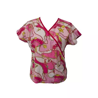 Baby Phat Women’s Scrubs Top Multicolor Pink Short Sleeve V-Neck Size Small • $25.47