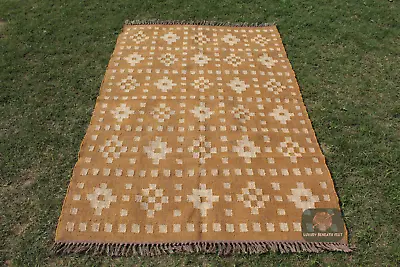 Yellow Wool Jute Rug Kilim Dhurrie Rug Southwestern Style  Eco Friendly Rug • $233