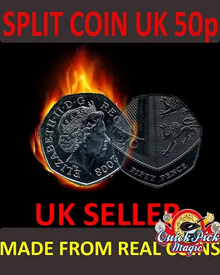 Close Up Magic 50 Pence Split Coin - 50p Clone Coin Magic Trick - Coin Thru Bag • £11.99