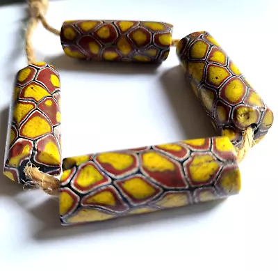 Antique African Trade Beads Venetian Glass Millefiori Tubular Big 4cm Yellow X4 • £38