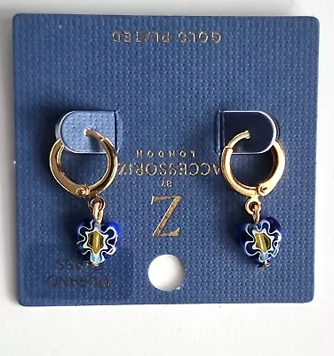 ACCESSORIZE Z 14ct GOLD-PLATED BLUE MURANO GLASS HEART HUGGIE HOOPS • $17.25