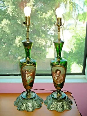 Pair 19th Moser Bohemian GREEN-GOLD Glass Portrait Lamps • $1750