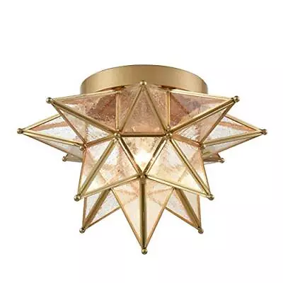 $152.76 • Buy Brass Moravian Star Light Flush Mount Celing Lights Seeded Glass Shade Boho Moro
