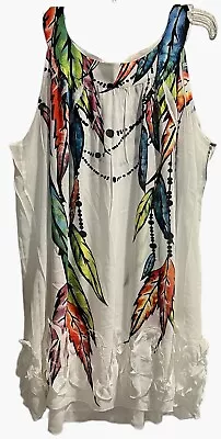 Mushka By Sienna Rose Tunic Size 3X White Watercolor Sleeveless Feathers Bow • $22.98