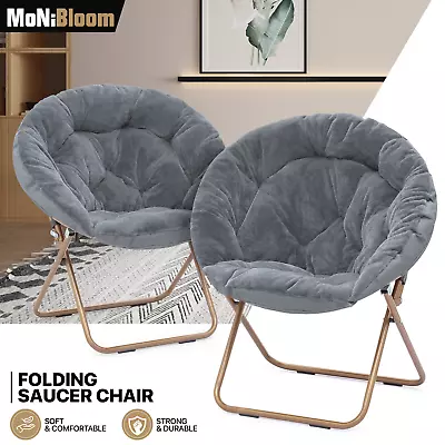 Grey 2 Pcs Round Foldable Saucer Chair Soft Faux Fur Oversized Lounge Moon Seat • $103.99