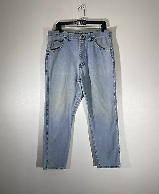 Vintage Wrangler Jeans Made In USA Blue Denim Distressed Med Wash Mens 34x28 • $14.96