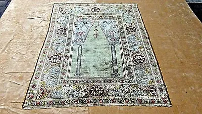 SEMI ANTIQUE ISLAMIC  SILK PRAYER RUG WITH GREEN AND IVORY FIELD 6' X 4' • $2450