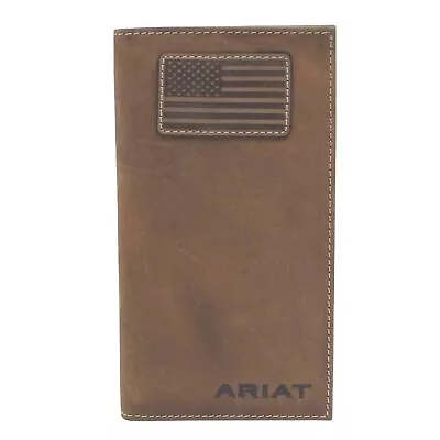 Ariat Mens US Flag Patch Leather Patriot Rodeo Checkbook Wallet (Brown) • $29.99