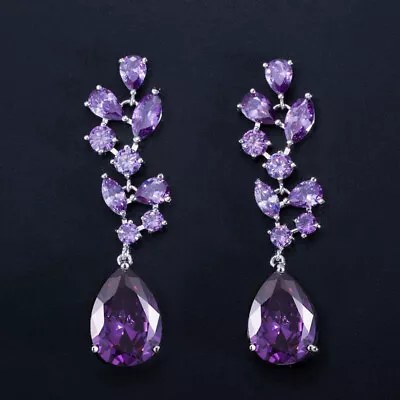 Trendy Royal Blue Cubic Zircon Long Leaf Drop Bridal Wedding Earrings For Women • $8.47