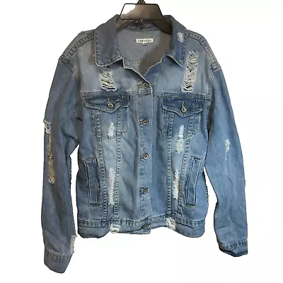 Cherry Koko Jean Jacket Size M Distressed / Destroyed Light Wash Denim • $14.98