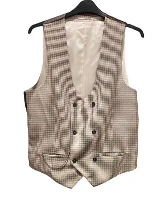 River Island 42 Waistcoat Tweed Brown Checked Plaid Prom Double Breasted Chain • £14