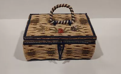 Vintage Small Sewing Basket Raffia/Wood  Turquoise Interior Japan • $8