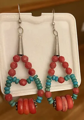 Spectacular Vintage Navajo Turquoise Coral Shell Sterling Silver Earrings Old • $133.45