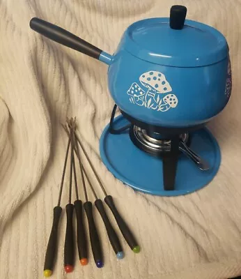 Vintage Blue Fondue Pot Mushroom Pattern Melting Set W/ Lid Stand Forks UNUSED • $90