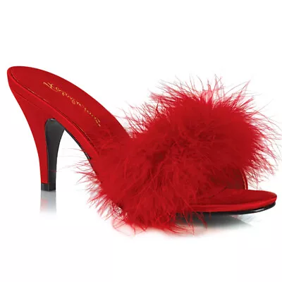 PLEASER AMO03/RPU 3  Red Marabou Feather Satin Slides Heels Slippers Shoes • $40.95