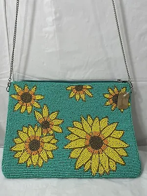 Turquoise Beaded Clutch With Yellow Sunflowers • $22.50