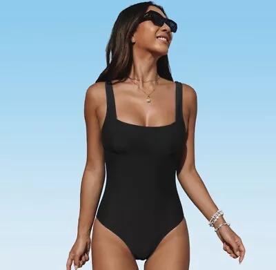 Women's Wide Straps Vintage Square Neck One Piece Swimsuit -Cupshe-L-Black • $7.50