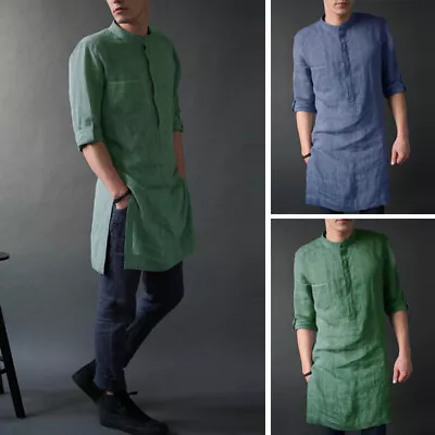 Men's Long Sleeve Kurta Shirt Vintage Henley Shirt Formal Short Kaftan Tunic Top • $16.88