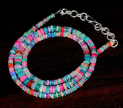 16 Natural Ethiopian Opal Gemstone Beads Necklace 925 Sterling Silver S-#0262 • $32.40