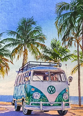 Watercolor Painting Car Bus VW Volkswagen Beach Ocean Palm Trees Art No.197 • $65