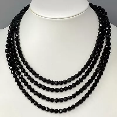 Black Crystal Bead Necklace Faceted Metal Chain Multi Strand Decorated Clasp Vtg • $23.99