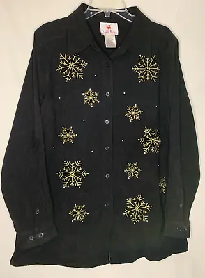 The Quacker Factory Womens Top L Button Up Snowflakes Rhinestones  Shirt Suede • $26.88