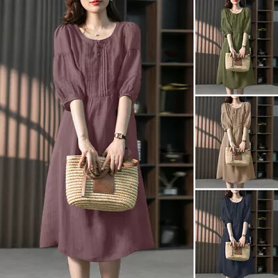 $38.56 • Buy ZANZEA Womens Puff Short Sleeve Pleated A Line Vintage Casual Holiday Midi Dress