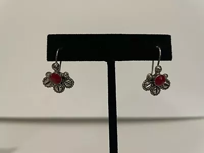 Vintage 925 Mexico Oxidized Sterling Silver & Red Coral Earrings Jewelry #80 • $19.95