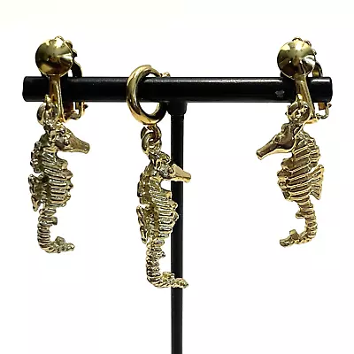 Gold Toned Seahorse Clip On Earrings And Charm Pendant Set • $24.95